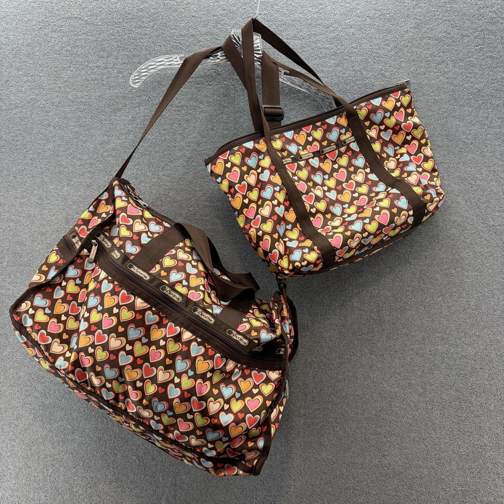 LeSportsac Set Weekender Duffel Shoulder Tote Luggage Heart Print Travel 2 Pc